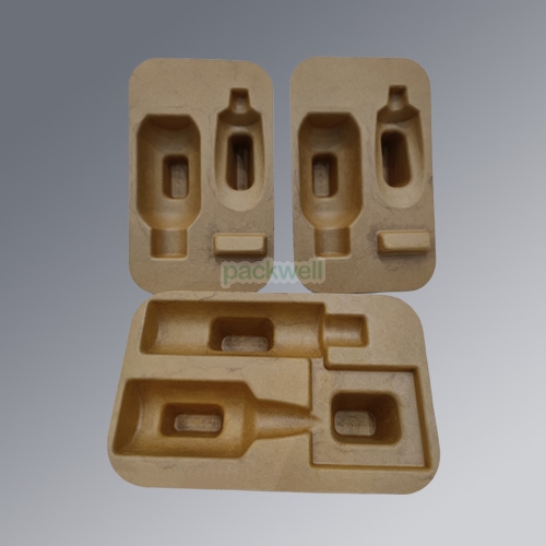 Molded pulp tray packaging for cosmetics tube and bottle